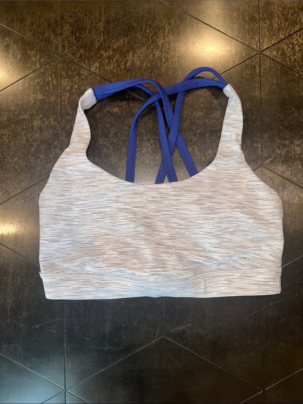 lululemon athletica Light Gray Striped Sports Bra with Blue Crisscross Straps